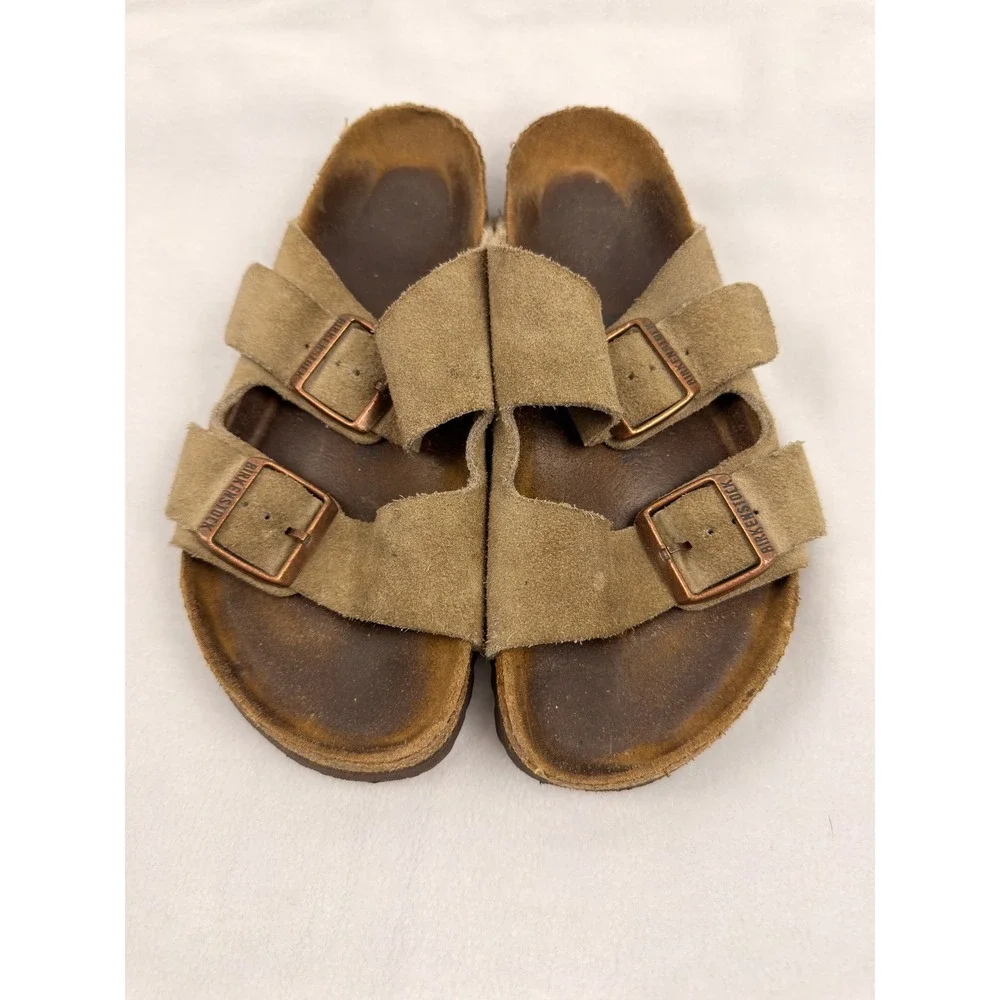 Birkenstock Arizona Taupe Suede Two Strap Buckle Sandals Womens 37 L6 M4
